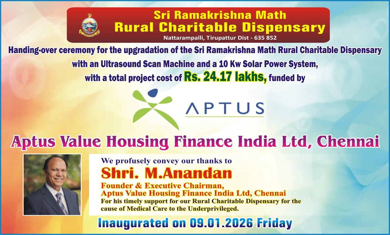 “Inauguration ceremony of Ultra Sound Scan Machine and 10 kW Solar System at Sri Ramakrishna Math Rural Charitable Dispensary, Nattarampalli on 09.01.2026”